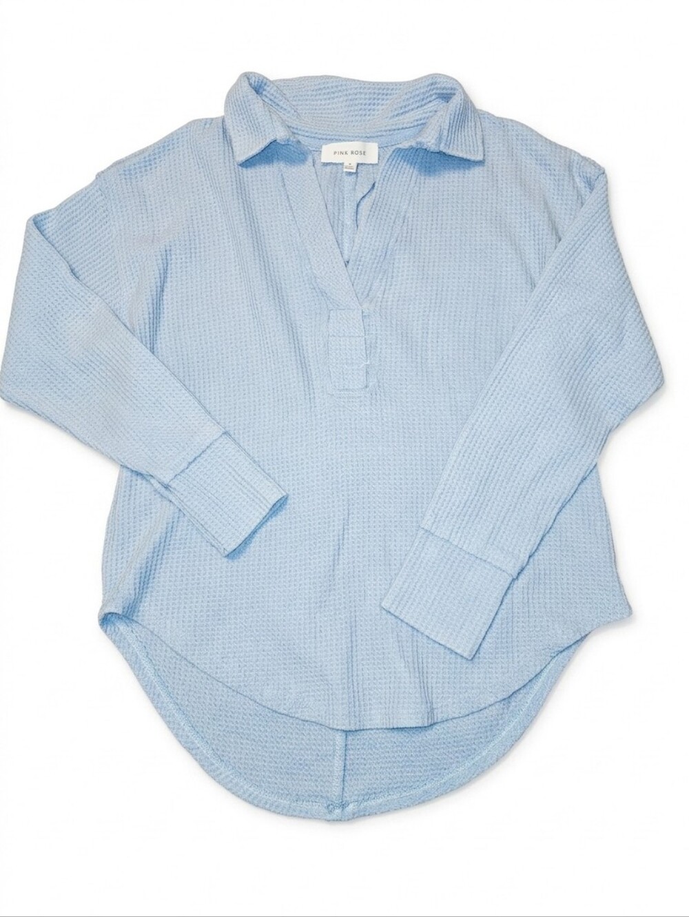 Pink Rose Light Blue Waffle Knit Pullover Womens Small